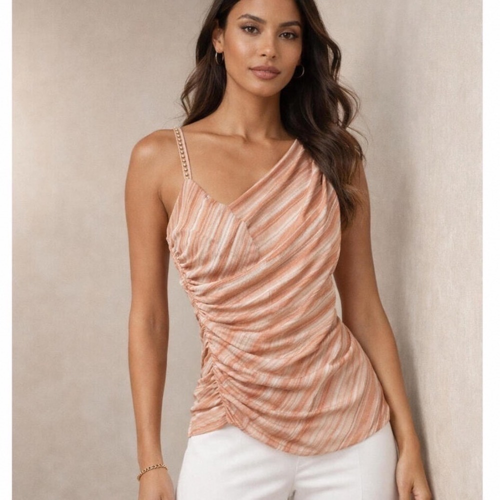 Adrienne Landau Onyx One Shoulder Ruched Mesh Top Terracotta Striped Large NWT
